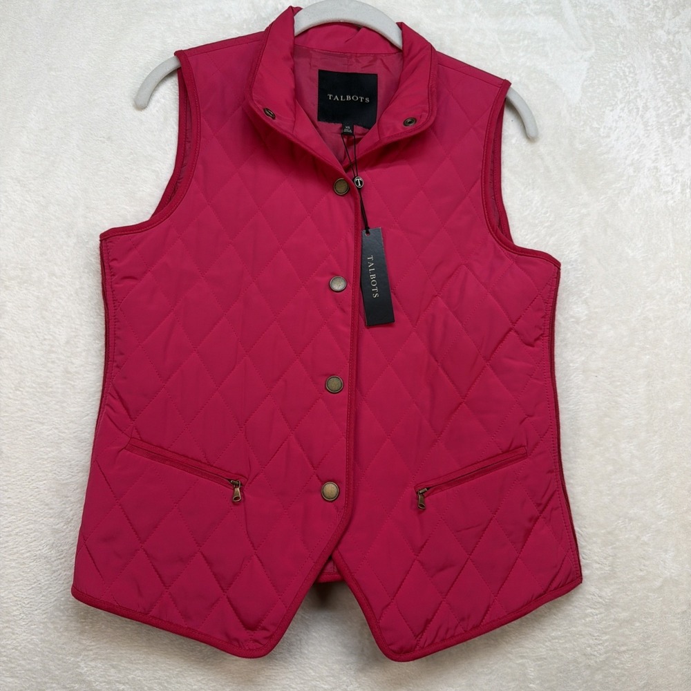 Talbots Quilted Puffer Vest Pinkโ Snap Front Preppy Equestrian Women XS